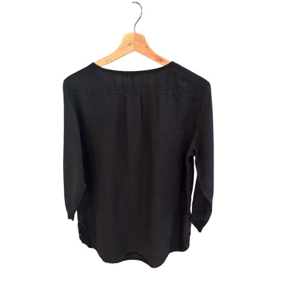 Ellen Tracy Black Magic 100% Linen Blouse Small Zip Front 3/4 Sleeve Womens Top - Picture 2 of 7